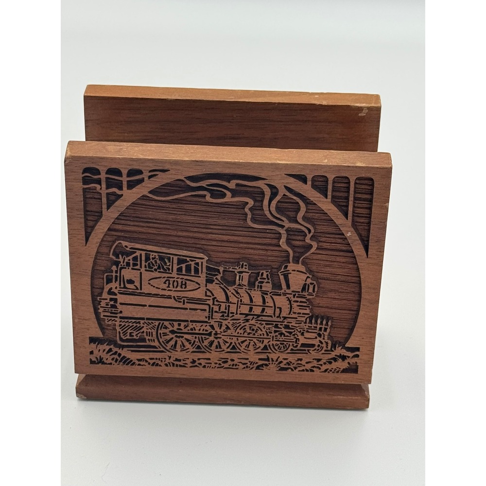 Lasercraft Vintage Walnut Wood Coaster Holder Laser Engraved Steam Train USA